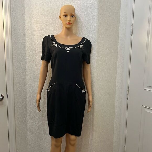 Santa Fe Dress by Jim Tremblay Size 10 Scoop Neck Short Sleeve Pearls Trim Midi - Picture 1 of 10